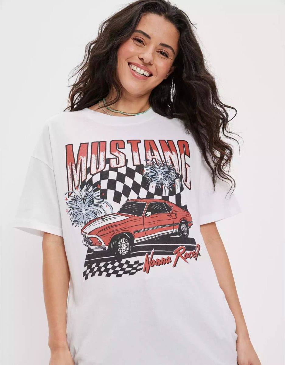 T Shirts American Eagle AE Oversized Mustang Graphique Tee Blanche Femme | WKN-93988150